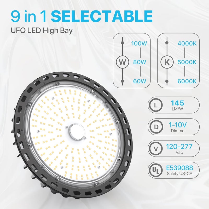 Hyperlite High Bay Led Lights 100W 14,500LM (145lm/w) 5000K 1-10V Dimmable 5' Cable with 110V Plug US Hook UL Listed High Bay Led Shop Light for Barn Workshop Warehouse - Image 2